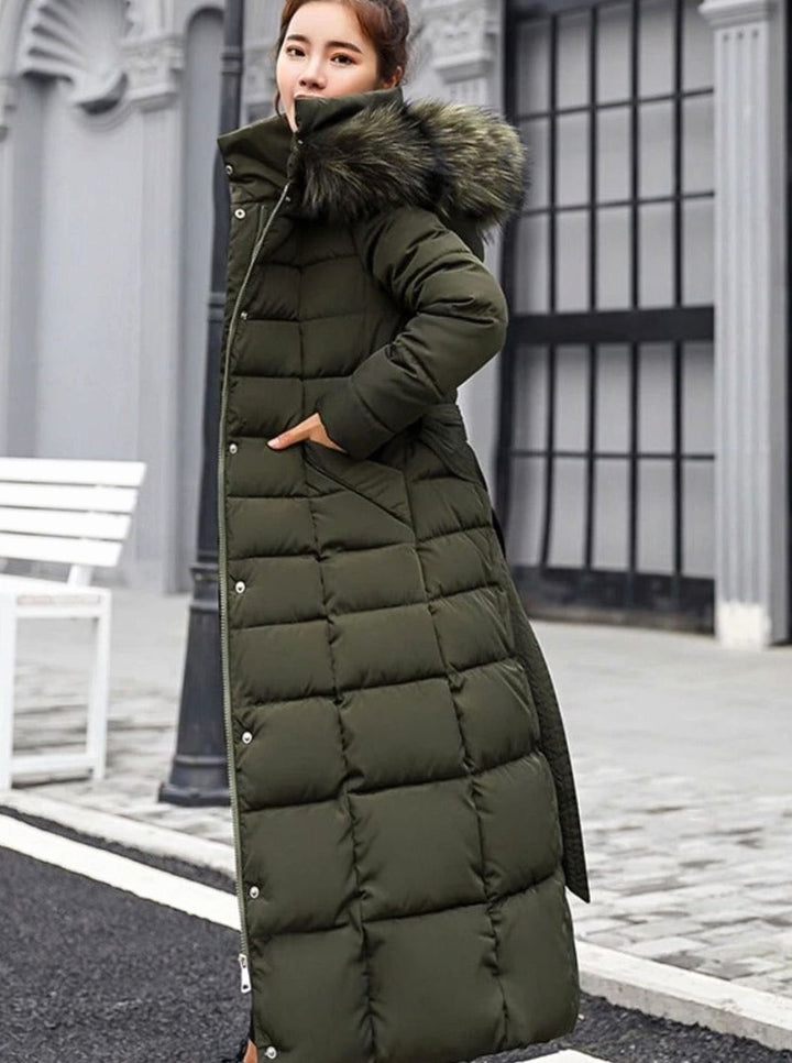 Women's Belted Long Quilted Fur-Hood Puffer Coat - Army Green