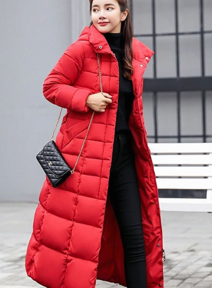 Women's Belted Long Quilted Fur-Hood Puffer Coat - Red