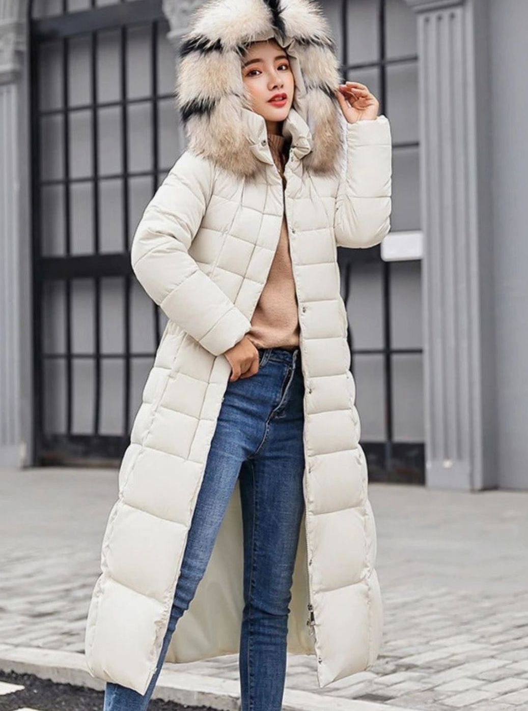 Women's Belted Long Quilted Fur-Hood Puffer Coat - Off White