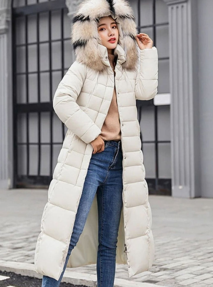 Women's Belted Long Quilted Fur-Hood Puffer Coat - Off White