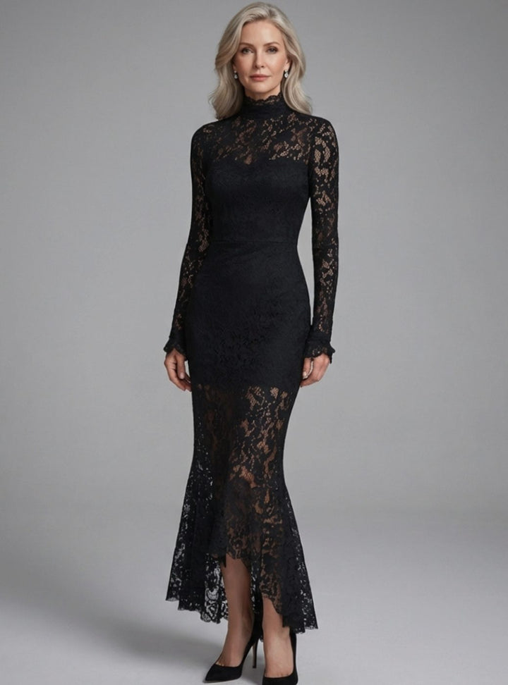 Women's Black Lace Long-Sleeve High-Neck Mermaid Midi Dress - Black