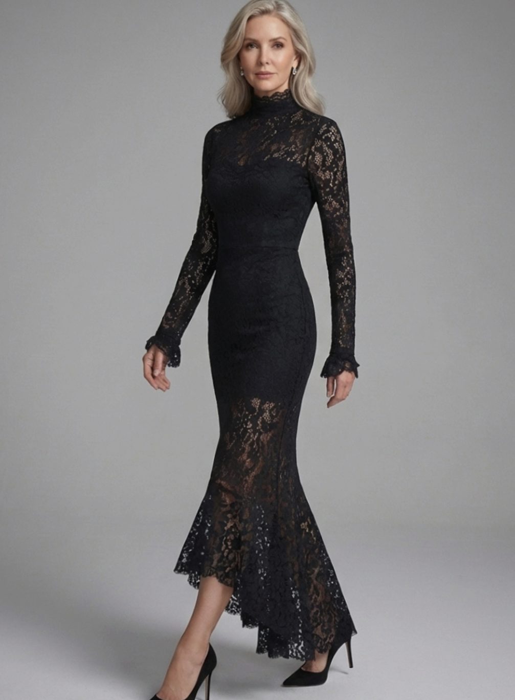 Women's Black Lace Long-Sleeve High-Neck Mermaid Midi Dress