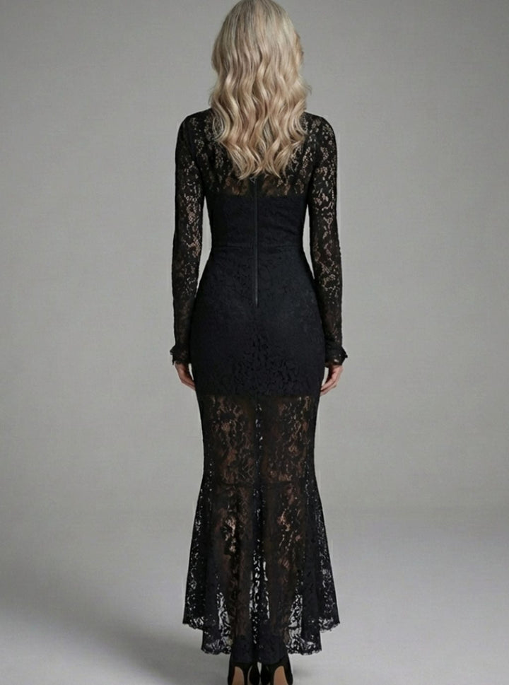 Women's Black Lace Long-Sleeve High-Neck Mermaid Midi Dress