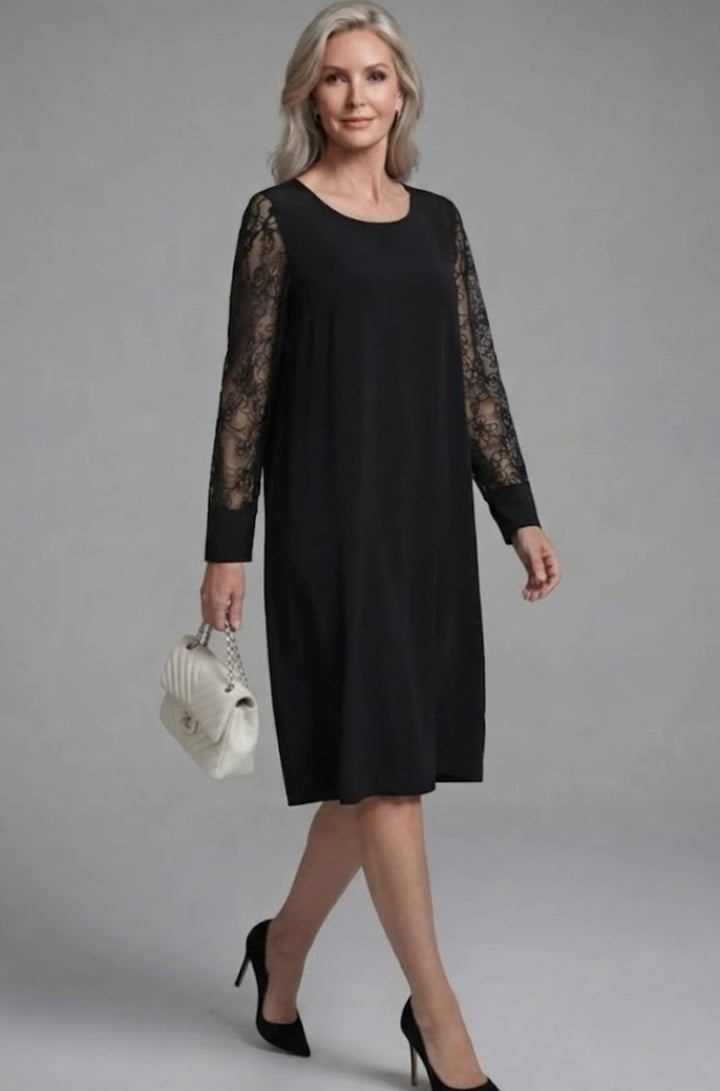 Women's Black Lace-Sleeve Peplum Fitted Midi Cocktail Dress