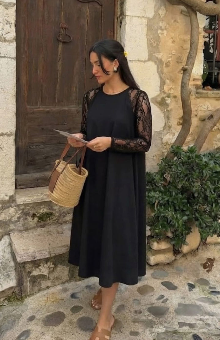 Women's Black Lace-Sleeve Peplum Fitted Midi Cocktail Dress