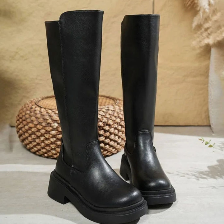 Women's Black Leather Knee-High Block Heel Boots - Black
