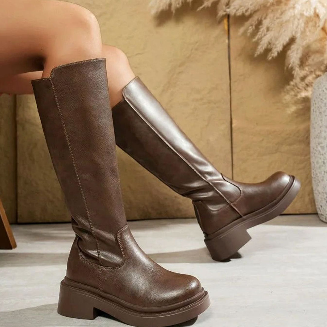 Women's Black Leather Knee-High Block Heel Boots