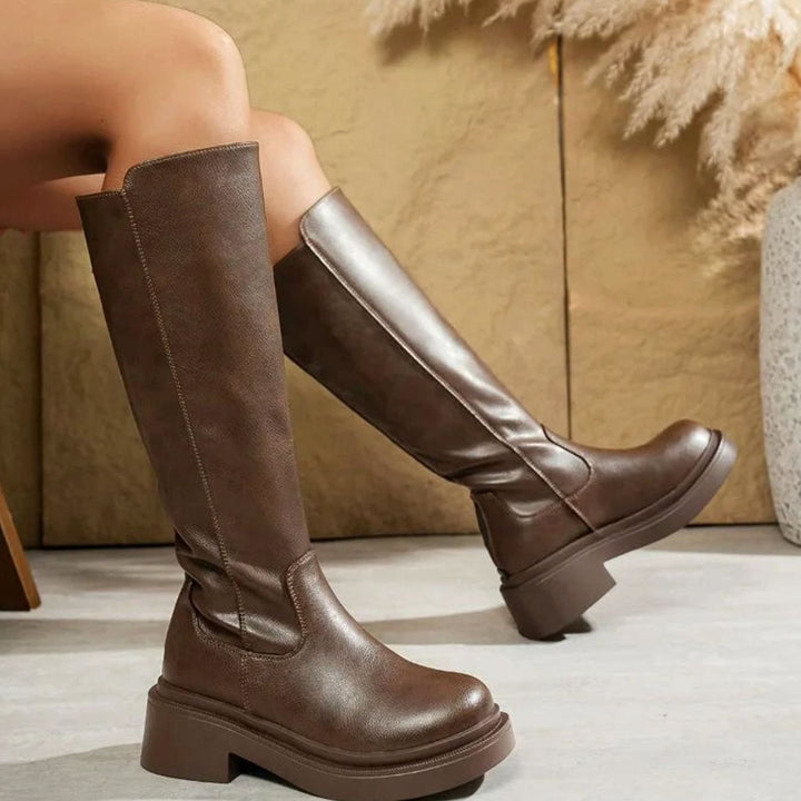 Women's Black Leather Knee-High Block Heel Boots