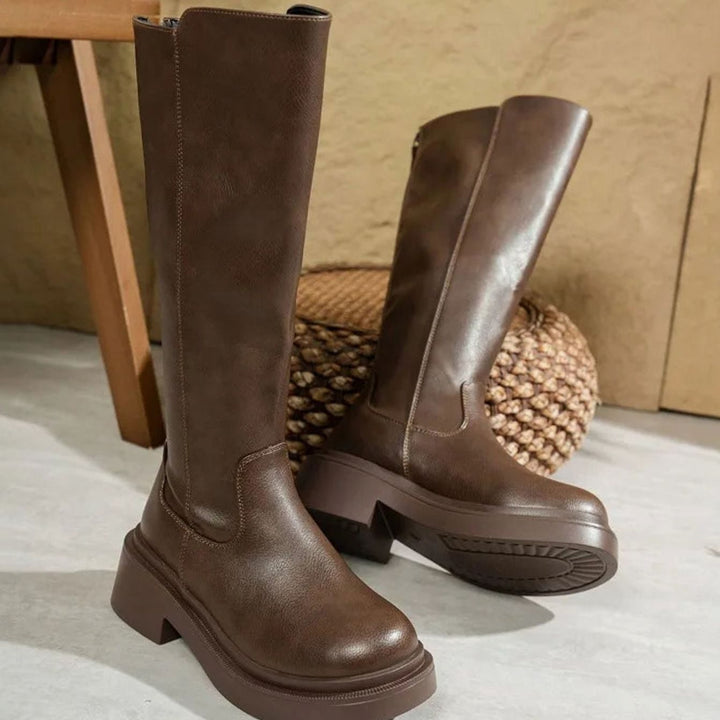 Women's Black Leather Knee-High Block Heel Boots - Brown