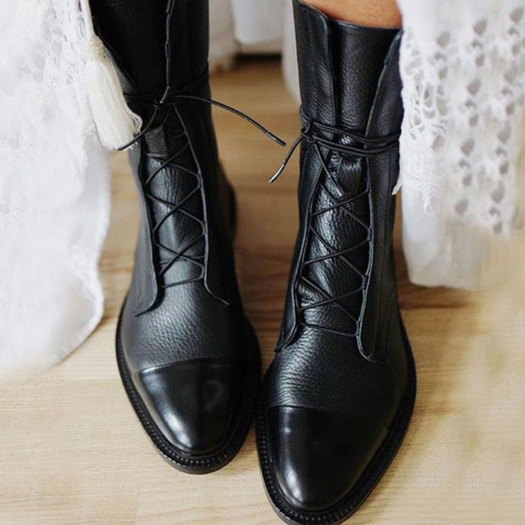 Women's Black Leather Lace-Up Ankle Boots - Black