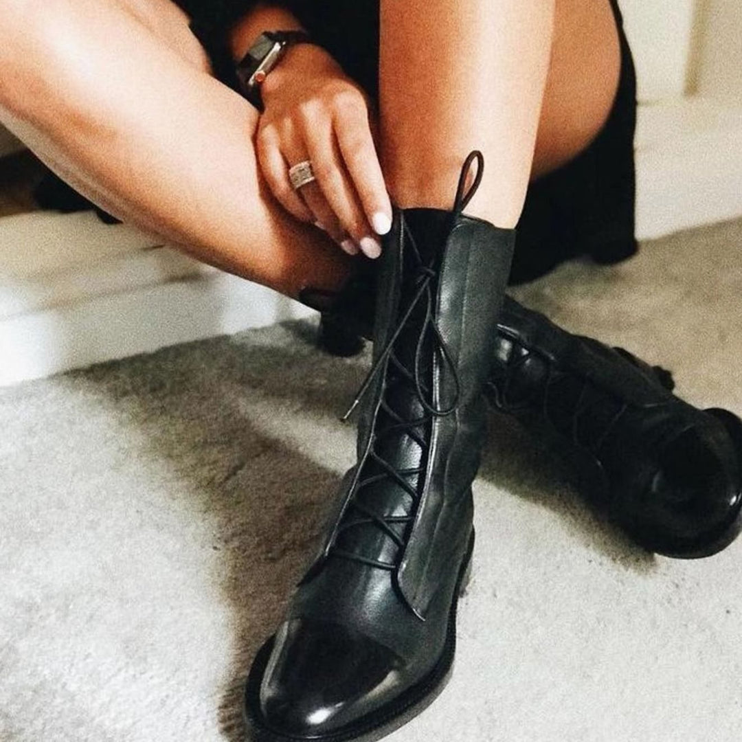 Women's Black Leather Lace-Up Ankle Boots