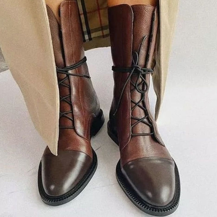 Women's Black Leather Lace-Up Ankle Boots - Brown