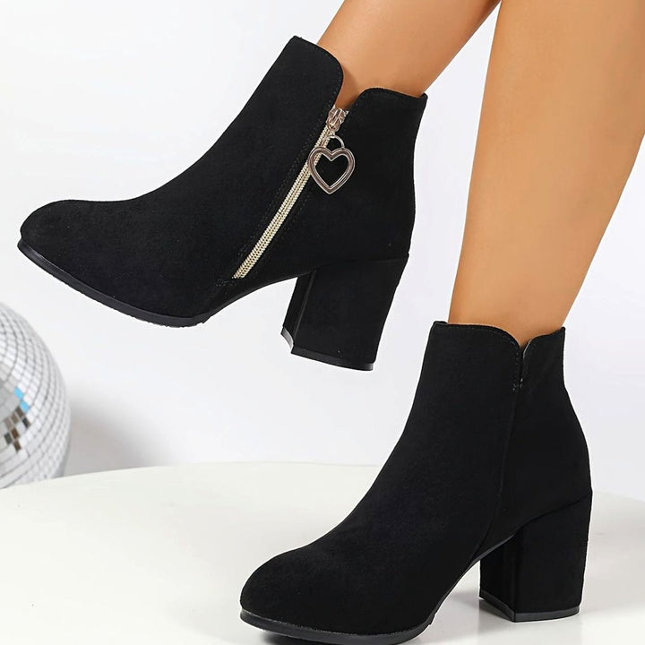 Women's Black Suede Block-Heel Ankle Boots Heart-Charm Zipper Elegant - Black