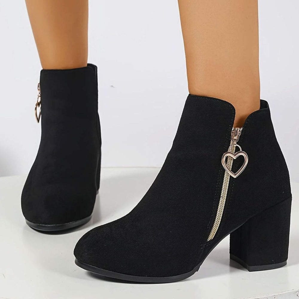Women's Black Suede Block-Heel Ankle Boots Heart-Charm Zipper Elegant