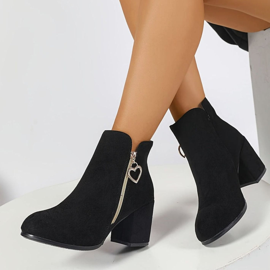 Women's Black Suede Block-Heel Ankle Boots Heart-Charm Zipper Elegant