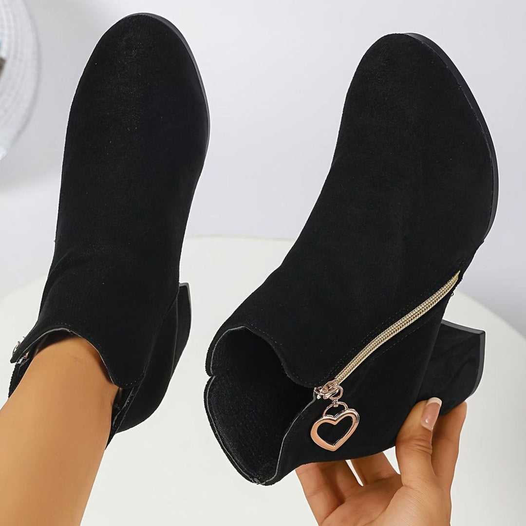 Women's Black Suede Block-Heel Ankle Boots Heart-Charm Zipper Elegant