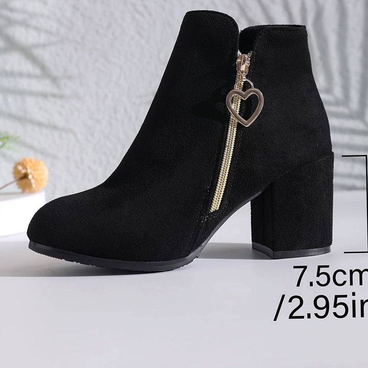Women's Black Suede Block-Heel Ankle Boots Heart-Charm Zipper Elegant