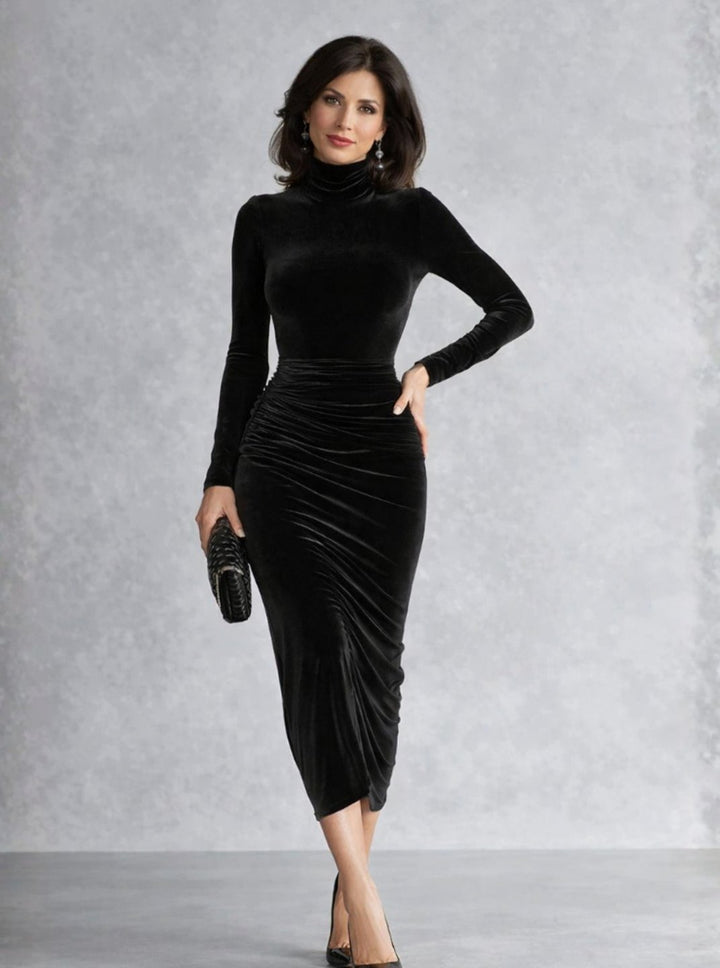 Women's Black Velvet Ruched Turtleneck Midi Dress - Black