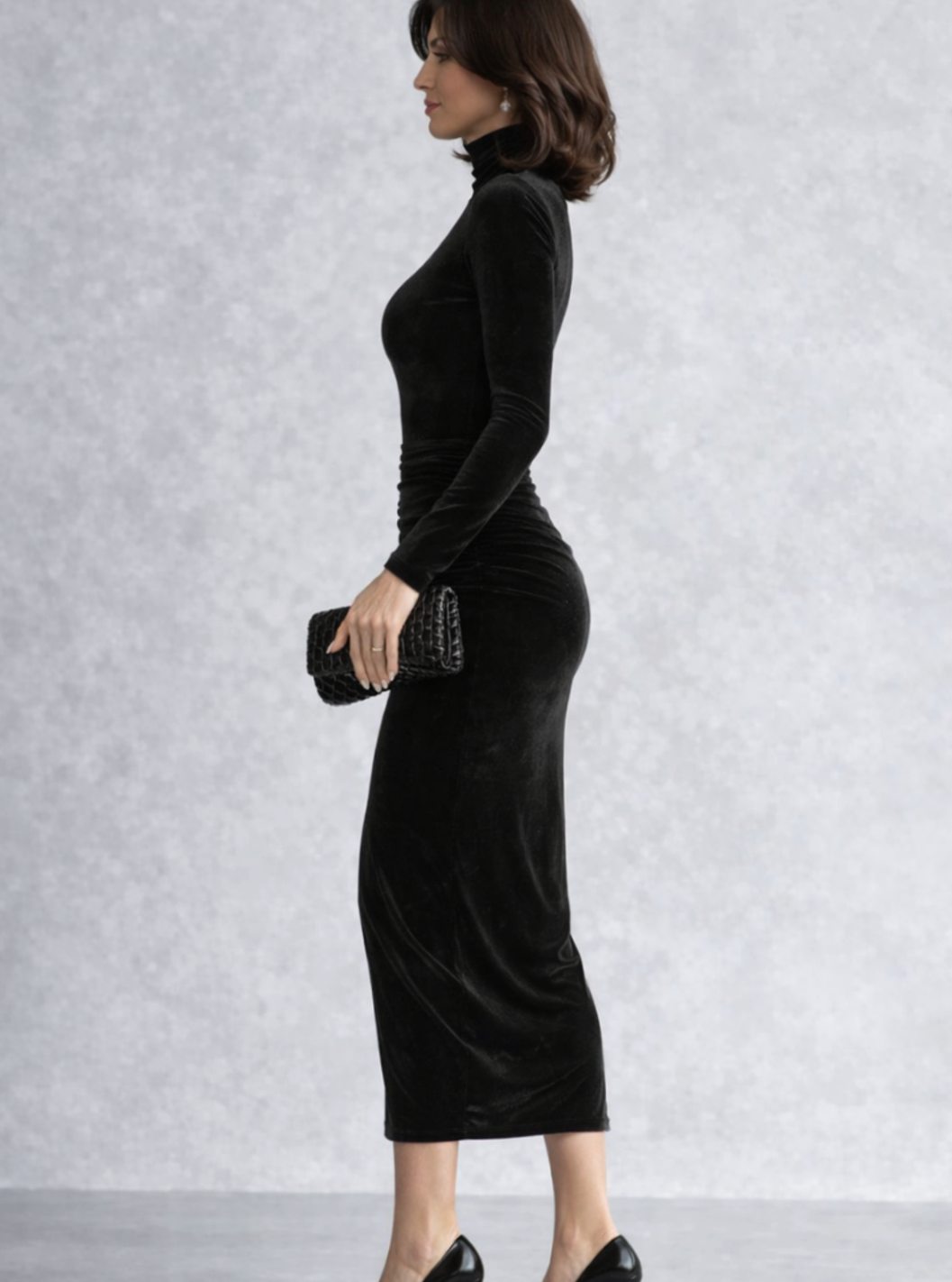 Women's Black Velvet Ruched Turtleneck Midi Dress