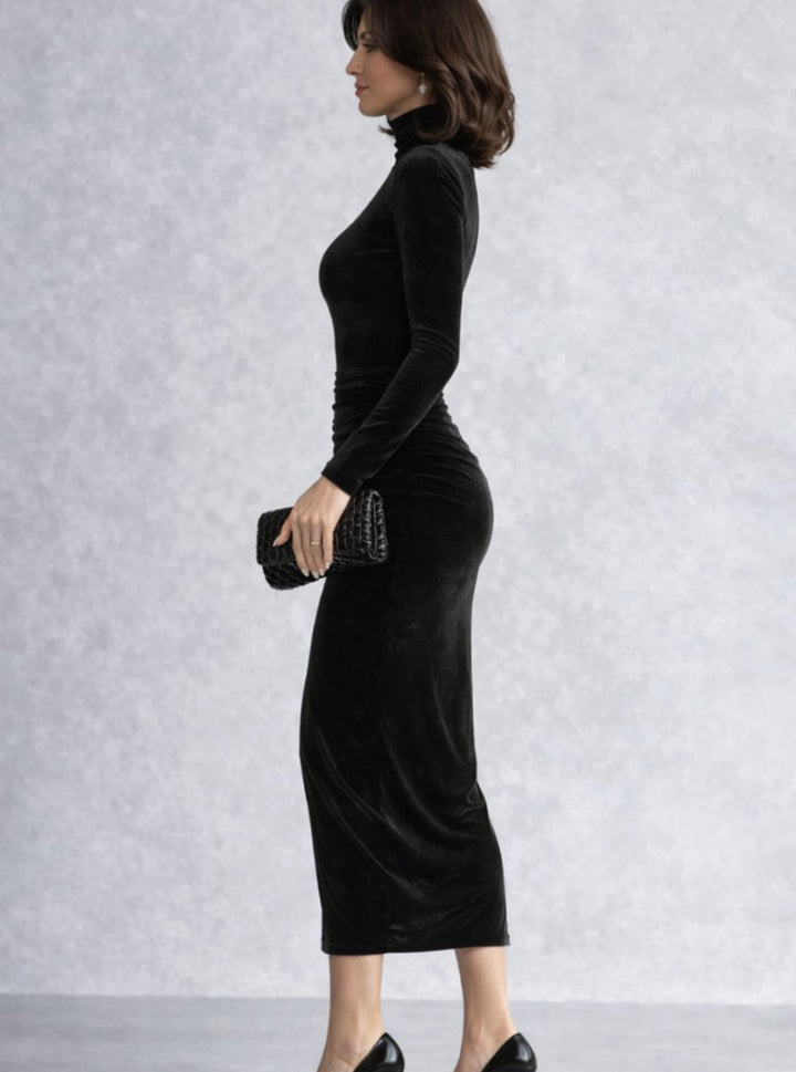 Women's Black Velvet Ruched Turtleneck Midi Dress