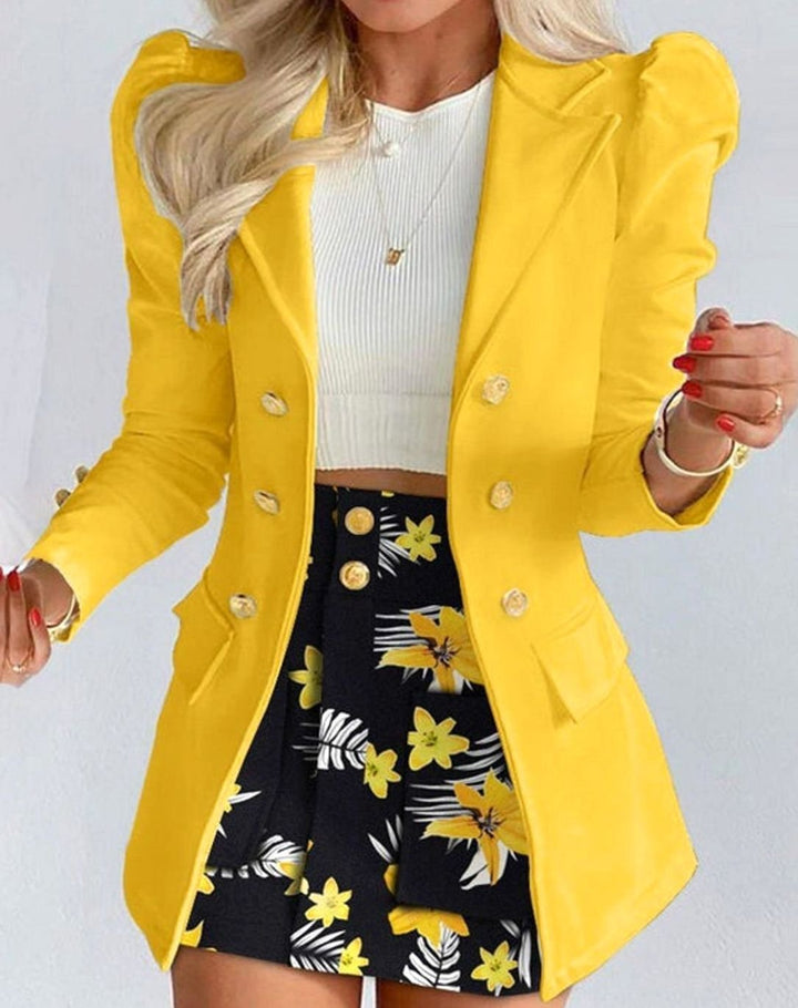 Women's Blazer Floral Skirt Two-Piece Co-ord Set - Yellow