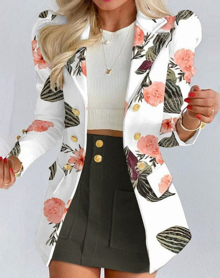 Women's Blazer Floral Skirt Two-Piece Co-ord Set - White - Black