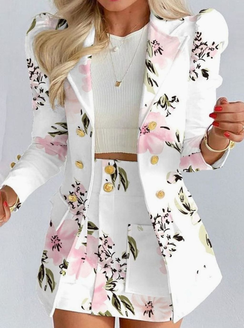 Women's Blazer Floral Skirt Two-Piece Co-ord Set - White - Floral