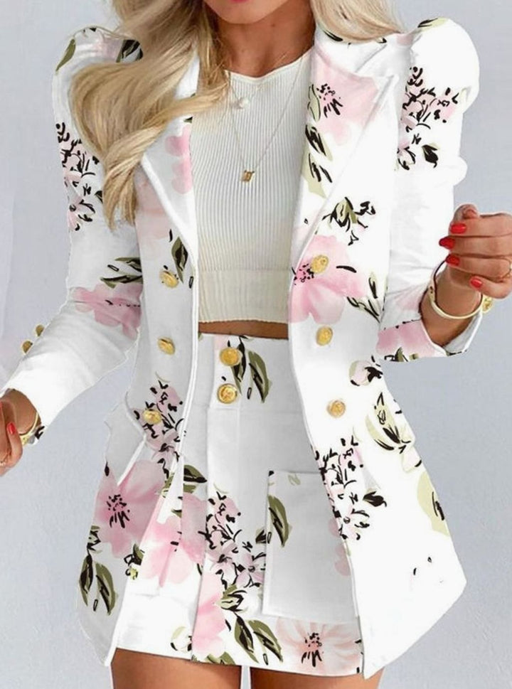 Women's Blazer Floral Skirt Two-Piece Co-ord Set - White - Floral