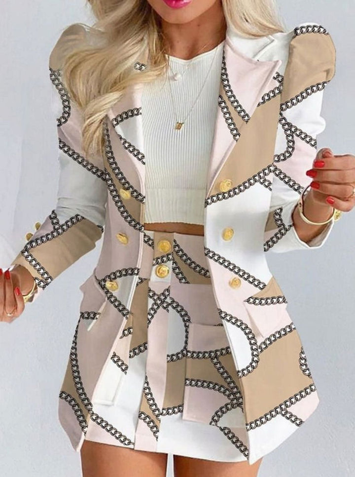 Women's Blazer Floral Skirt Two-Piece Co-ord Set - White - Chains