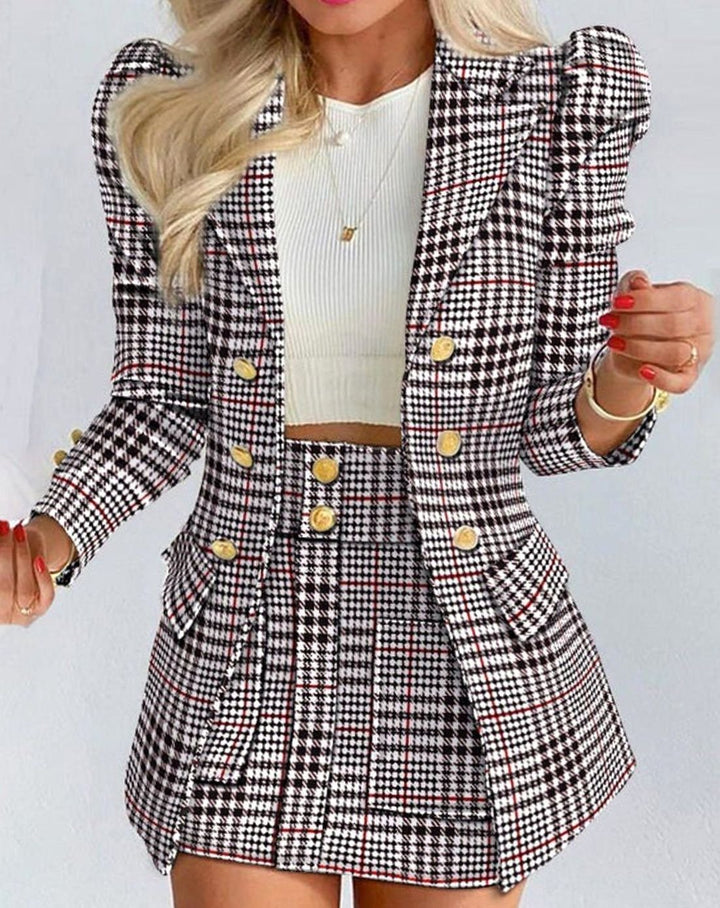 Women's Blazer Floral Skirt Two-Piece Co-ord Set - Black - Plaid