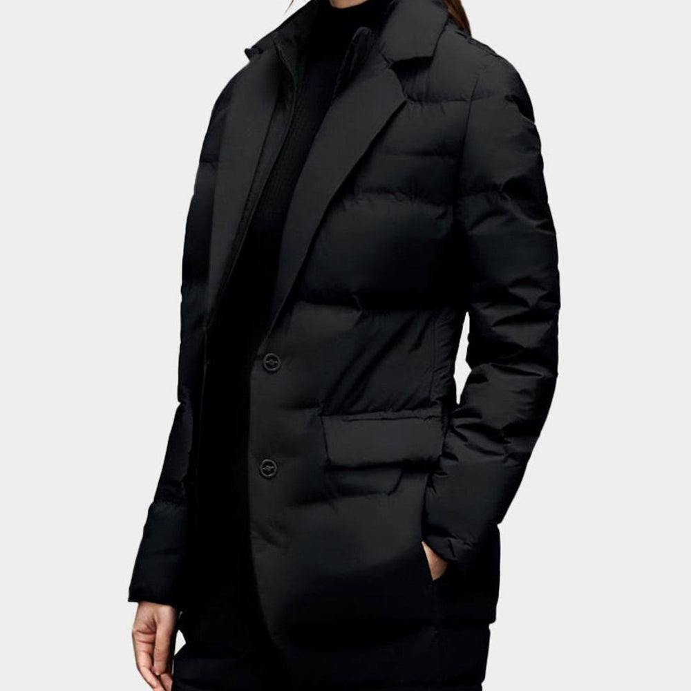 Women's Blazer-Style Quilted Puffer Winter Jacket - Black
