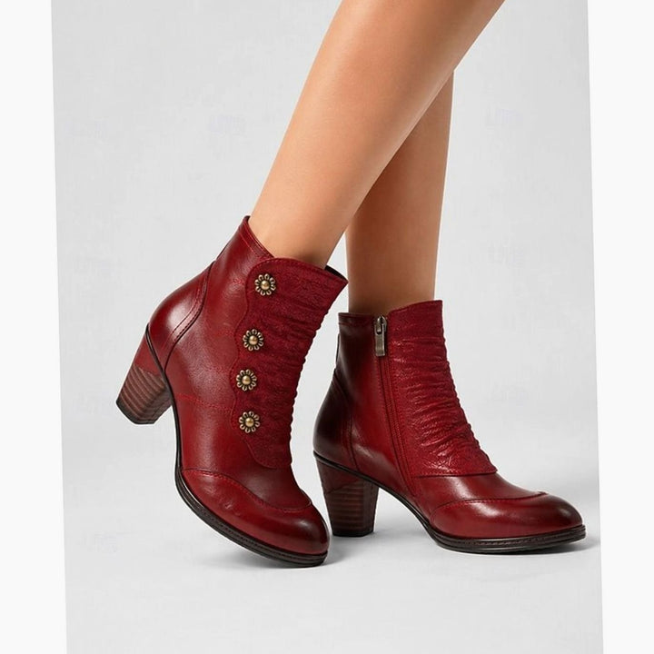 Women's Block Heel Ankle Boots Floral Button Side-Zip, Burgundy Red