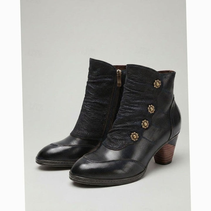 Women's Block Heel Ankle Boots Floral Button Side-Zip, Burgundy Red - Black