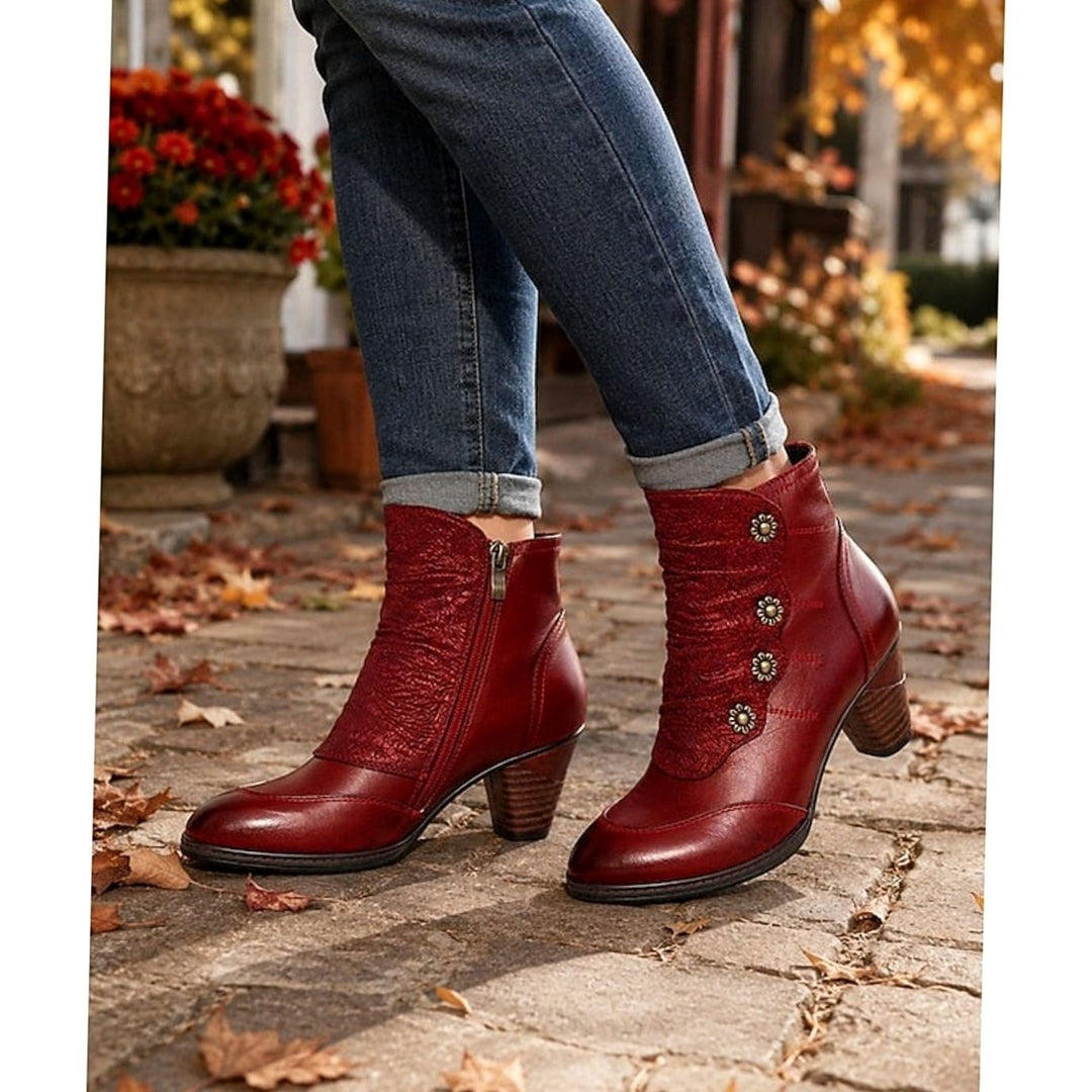 Women's Block Heel Ankle Boots Floral Button Side-Zip, Burgundy Red