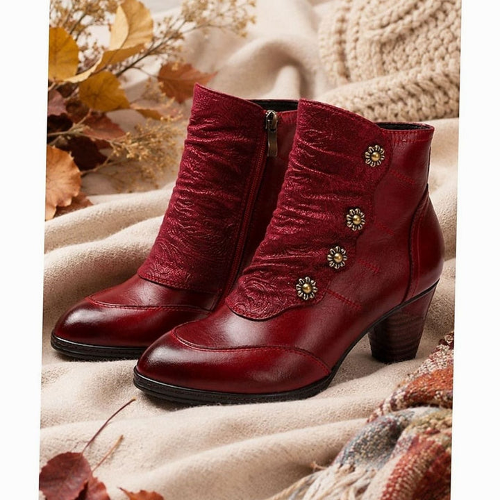 Women's Block Heel Ankle Boots Floral Button Side-Zip, Burgundy Red