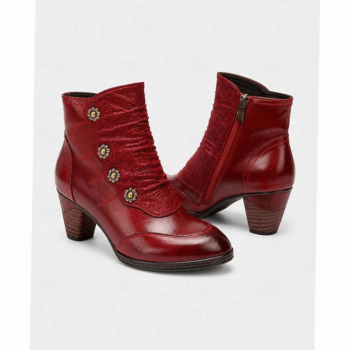 Women's Block Heel Ankle Boots Floral Button Side-Zip, Burgundy Red
