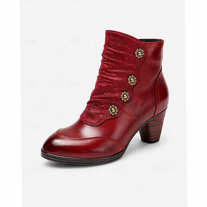 Women's Block Heel Ankle Boots Floral Button Side-Zip, Burgundy Red