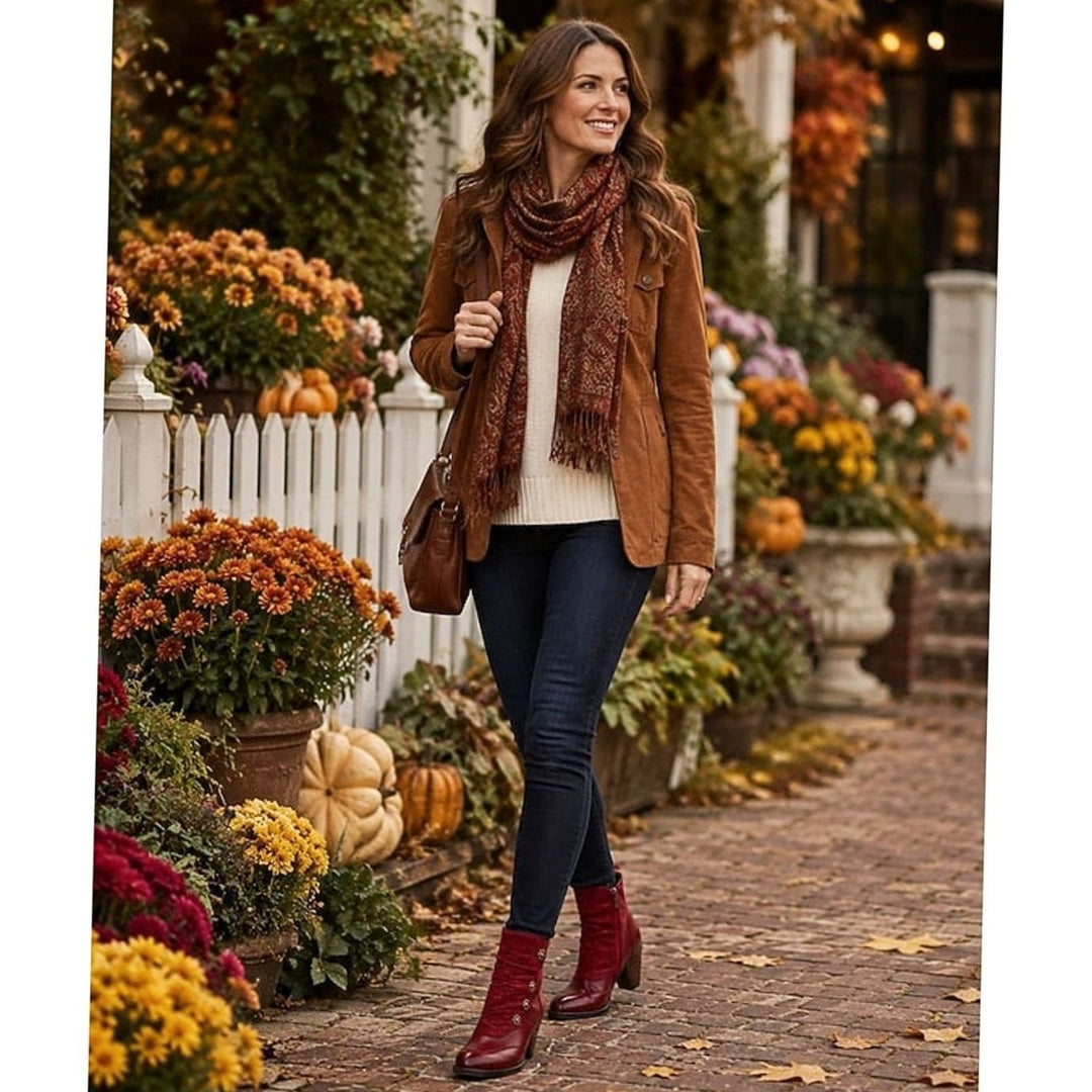 Women's Block Heel Ankle Boots Floral Button Side-Zip, Burgundy Red
