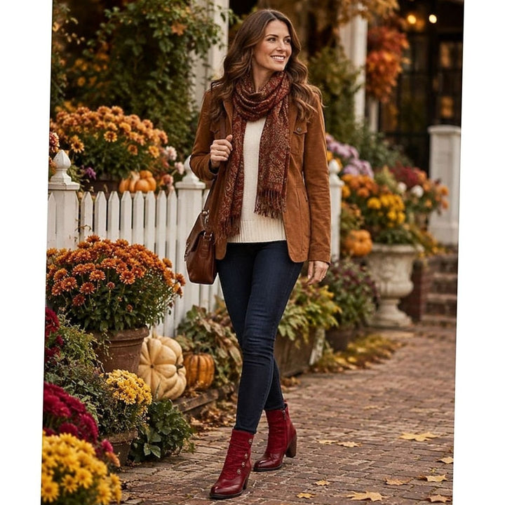 Women's Block Heel Ankle Boots Floral Button Side-Zip, Burgundy Red