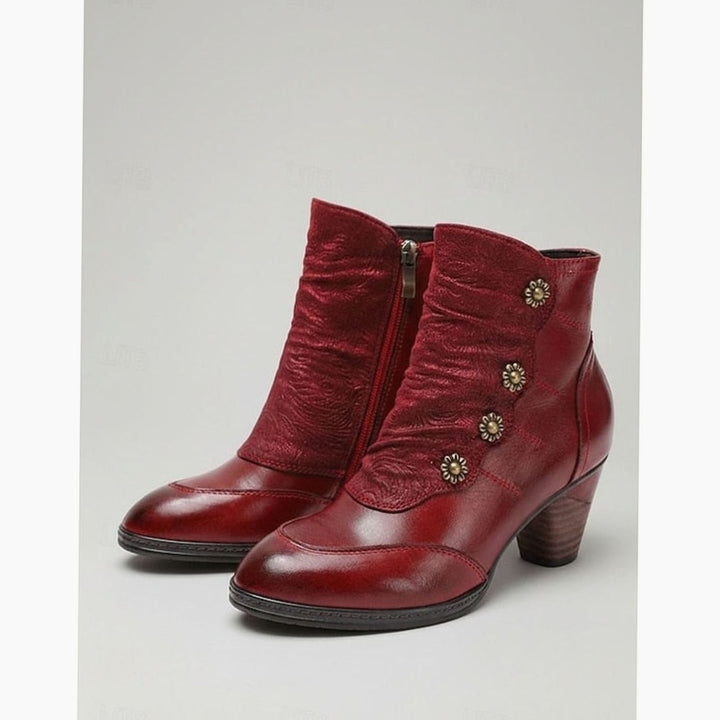 Women's Block Heel Ankle Boots Floral Button Side-Zip, Burgundy Red - Wine