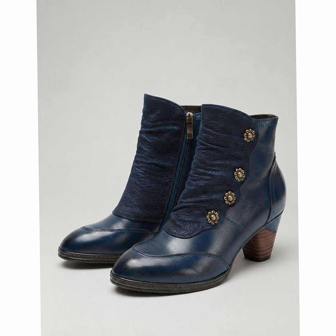 Women's Block Heel Ankle Boots Floral Button Side-Zip, Burgundy Red - Blue