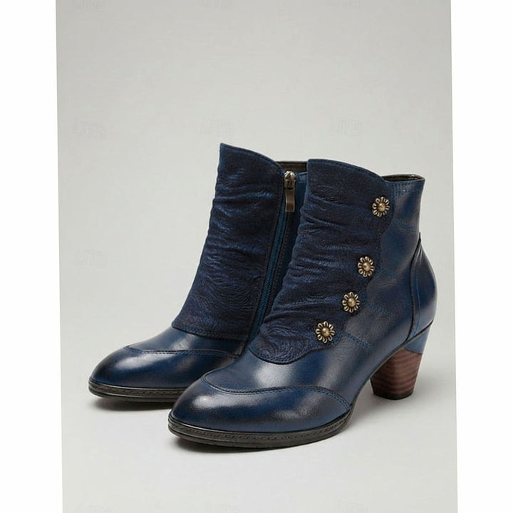 Women's Block Heel Ankle Boots Floral Button Side-Zip, Burgundy Red - Blue