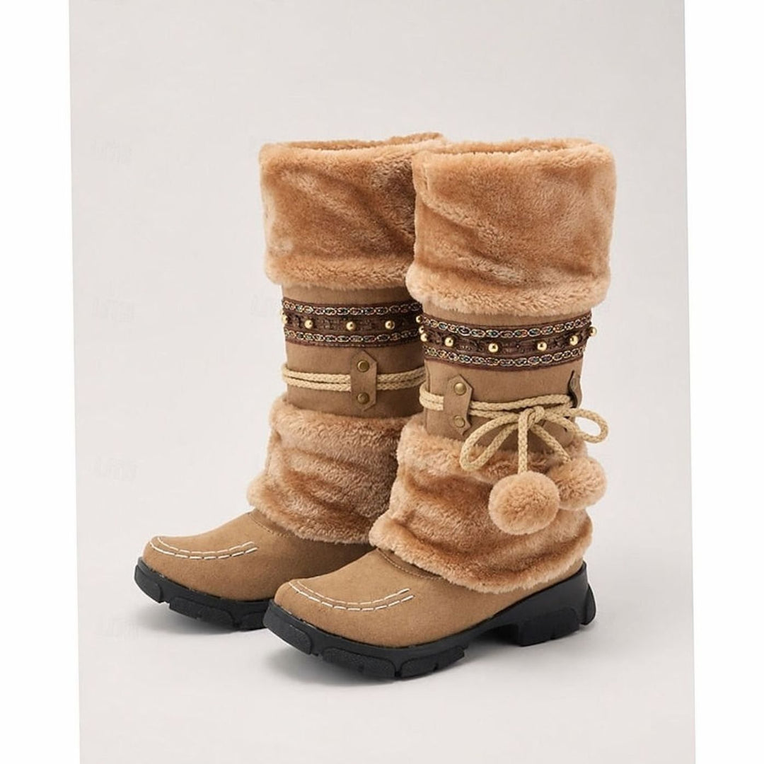 Women's Boho Faux-Fur Cuff Slouch Mid-Calf Winter Boots - Brown