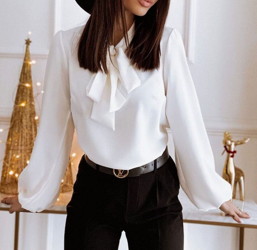 Women's Bow-Tie Neck Puff Long Sleeve Blouse - White