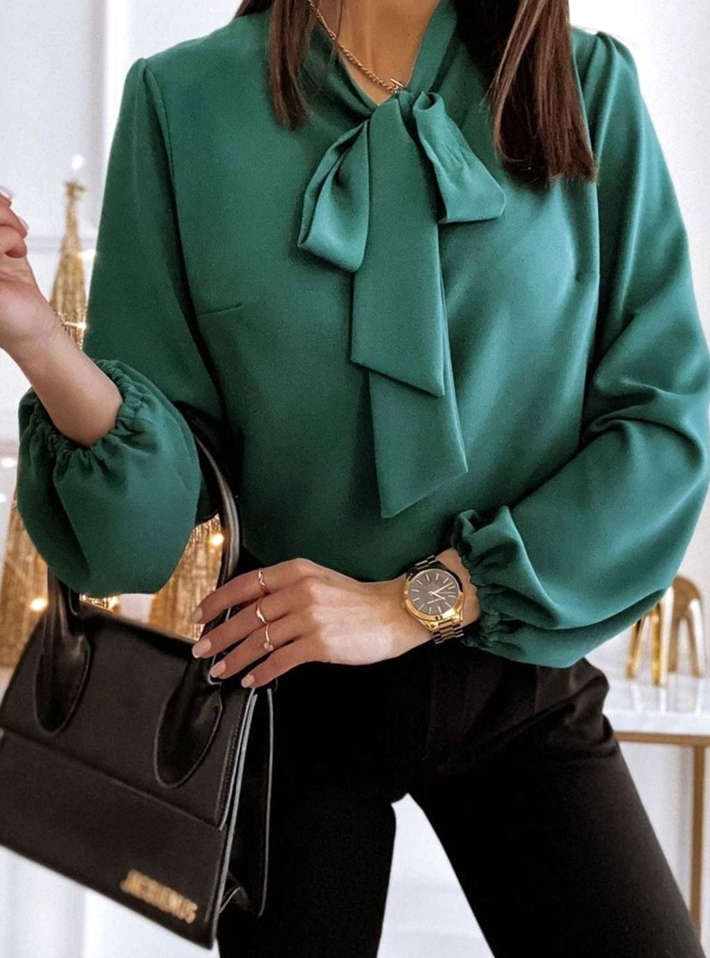 Women's Bow-Tie Neck Puff Long Sleeve Blouse - Green