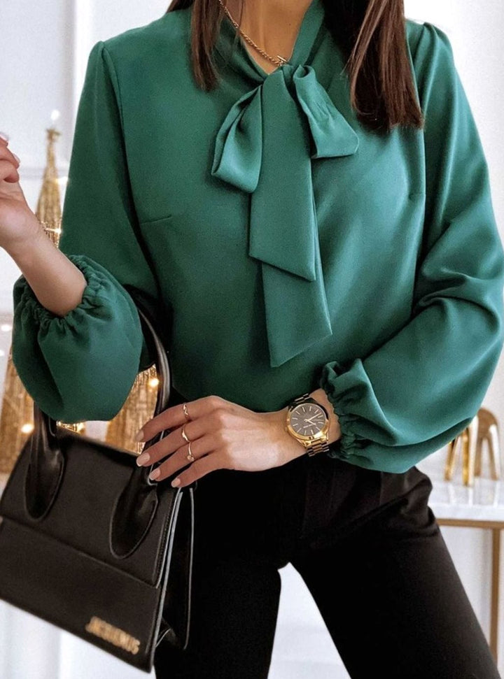 Women's Bow-Tie Neck Puff Long Sleeve Blouse - Green