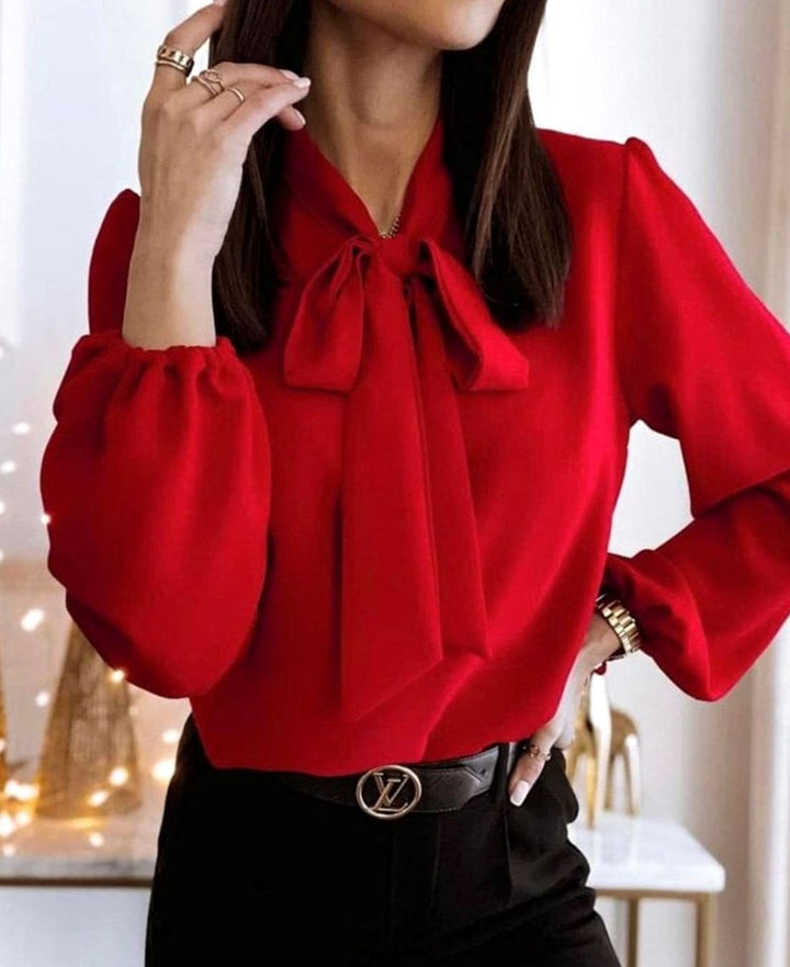 Women's Bow-Tie Neck Puff Long Sleeve Blouse - Red