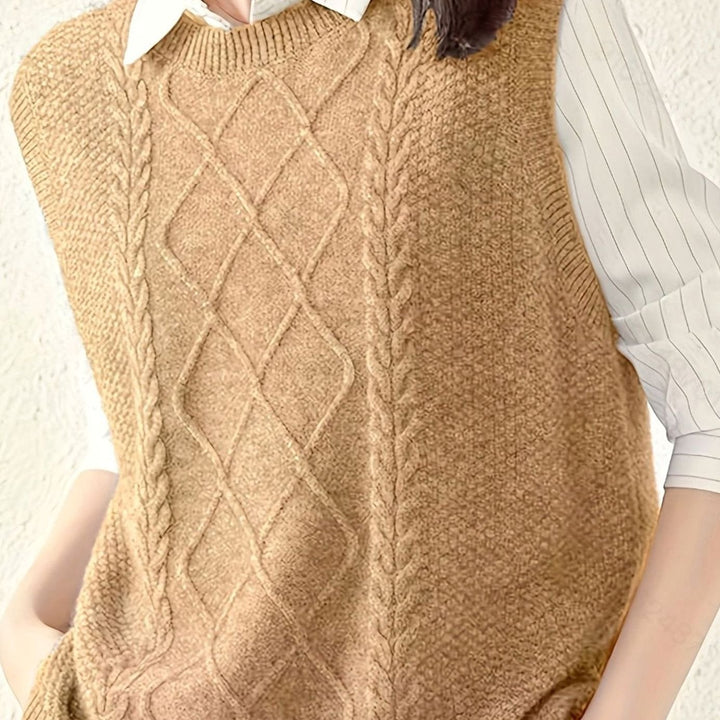 Women's Cable-Knit Sleeveless Sweater Vest Round Neck - Camel