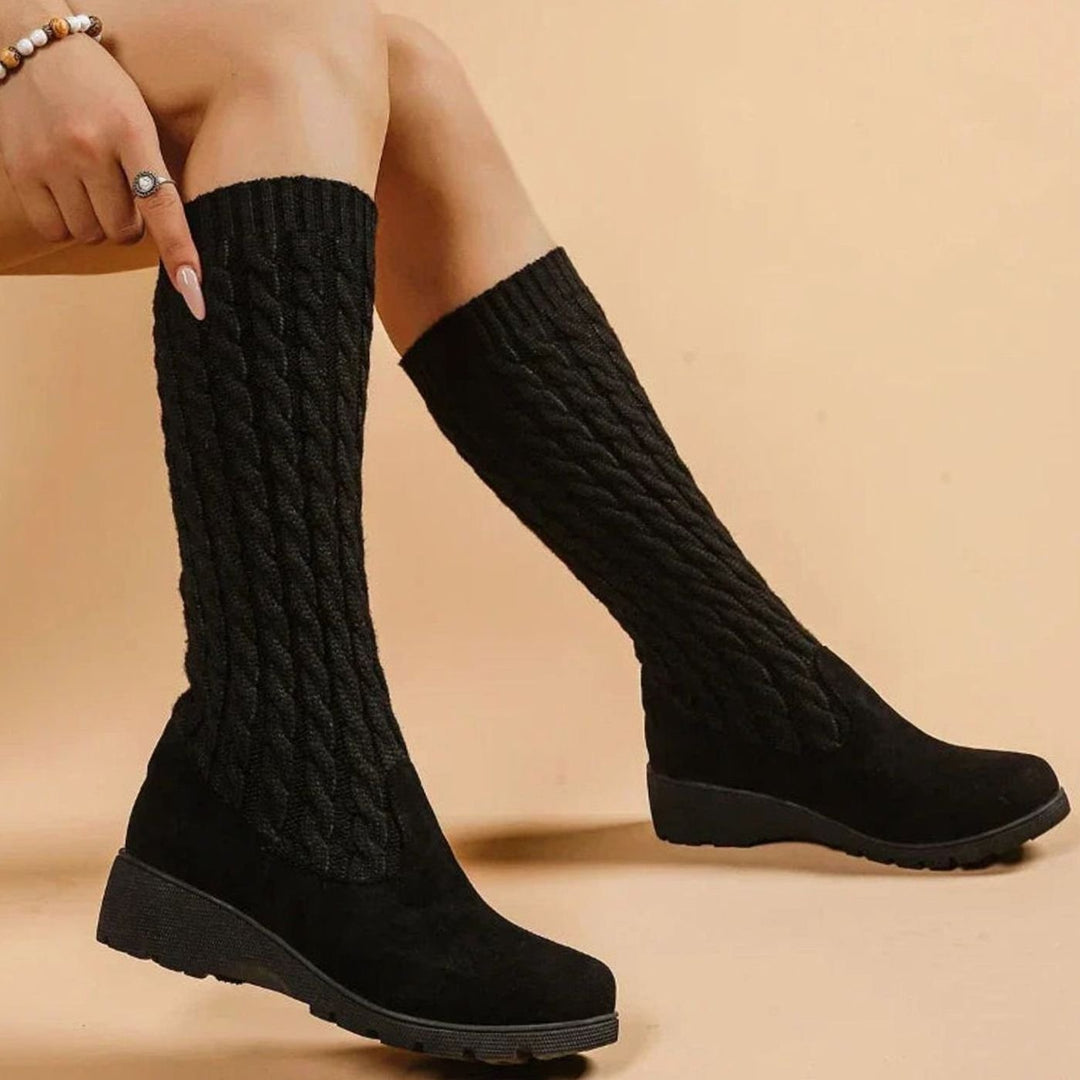 Women's Cable-Knit Suede Wedge Knee-High Boots