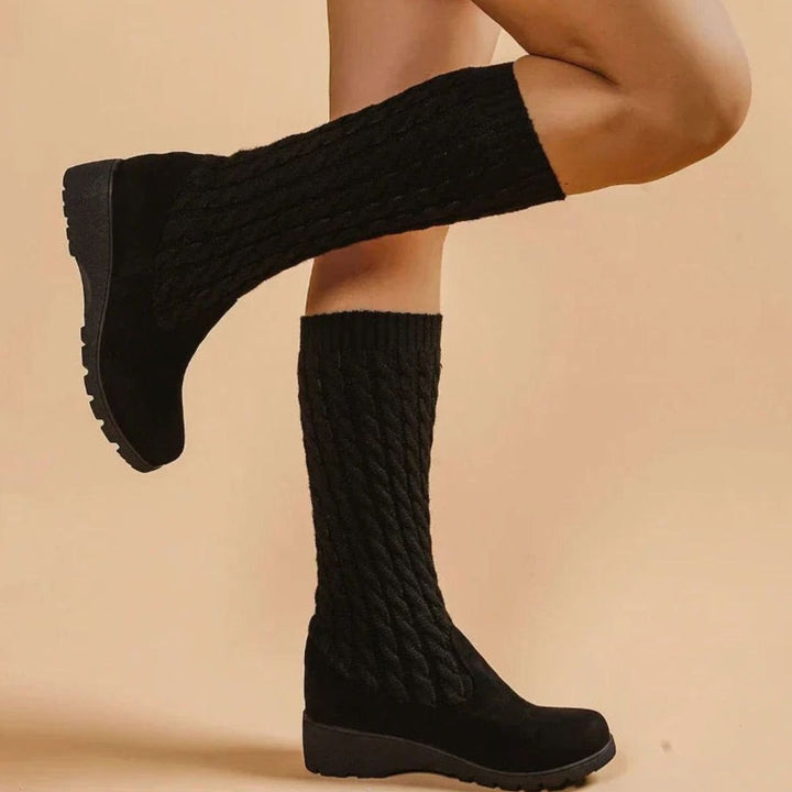Women's Cable-Knit Suede Wedge Knee-High Boots